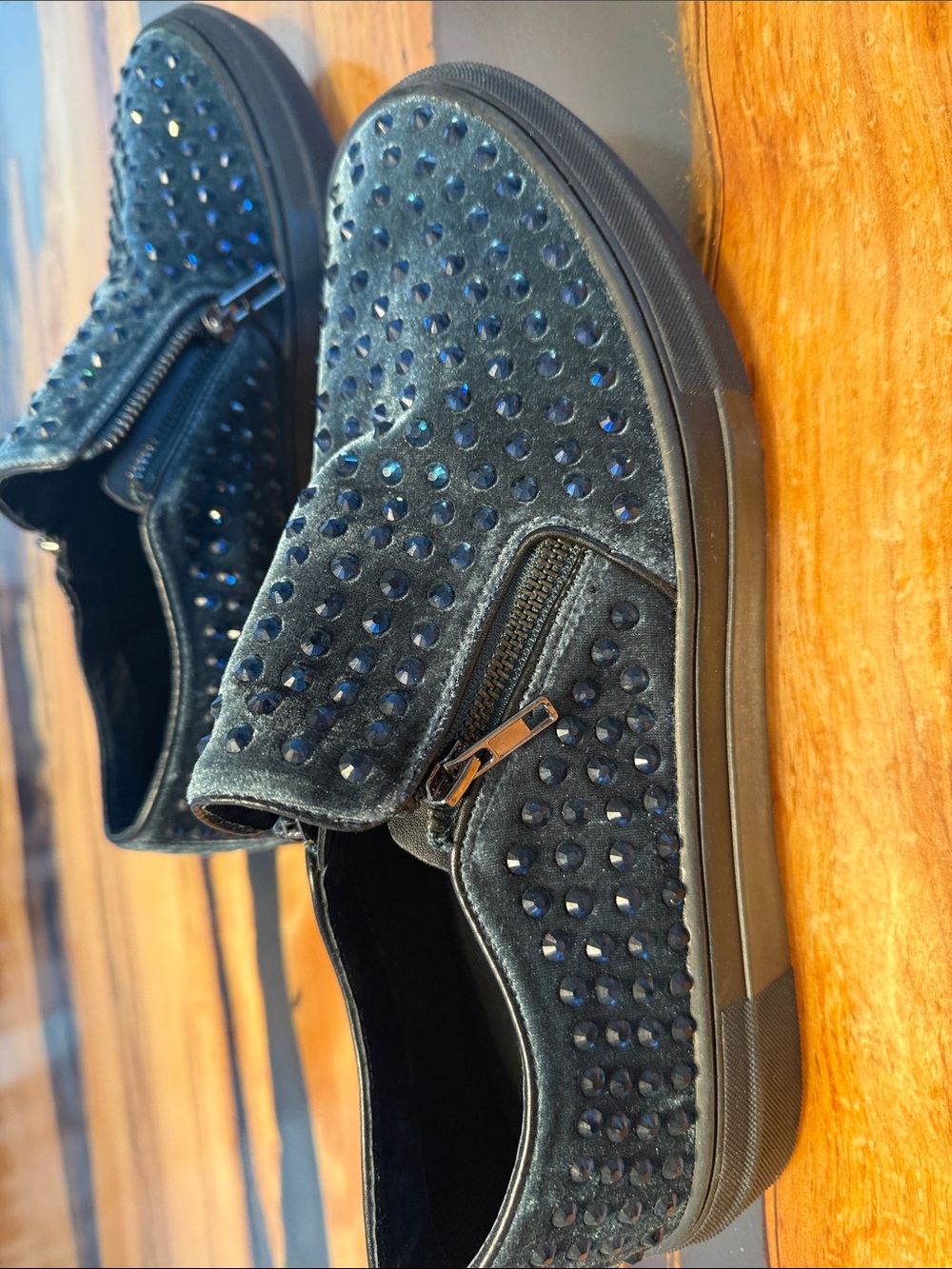 Steve Madden Black Velvet Slip-On Loafers with Blue Crystal Studs